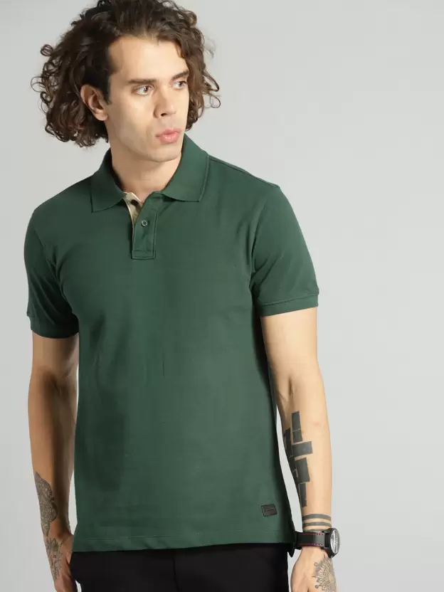 Men Solid Polo Neck Cotton Blend Dark Green T-Shirt